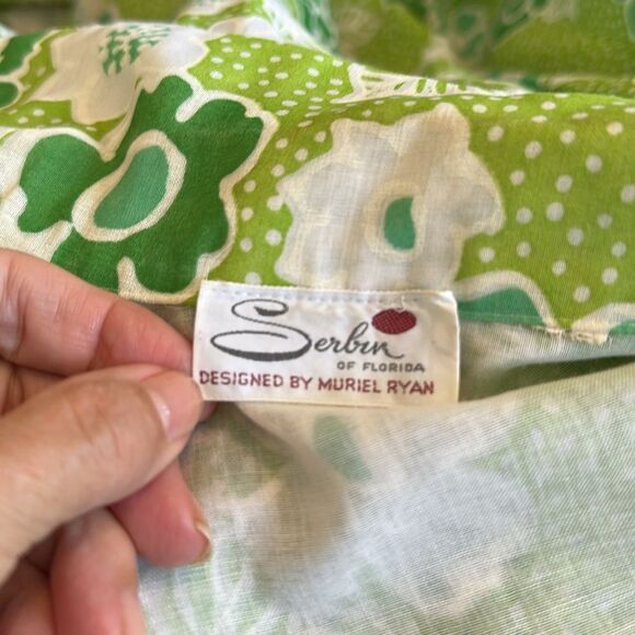 Vtg 60s Serbin of Florida Flower Power Green & White Button Front Maxi Dress - Picture 8 of 8